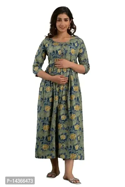Anuom Women's Printed Cotton Maternity Designer Kurti Gown (Large, Green)-thumb0
