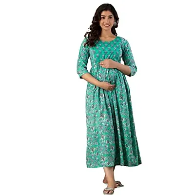 Anuom Women's Printed Cotton Maternity Designer Kurti Gown for Women (Large, Sea Blue)