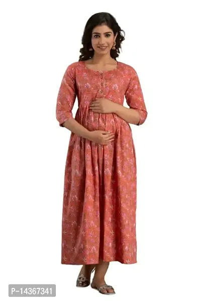 Anuom Women's Printed Cotton Maternity Designer Kurti Gown (Medium, Peach)-thumb0