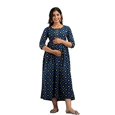 ANUOM Women's Printed Cotton Stylish Maternity Designer Kurti Gown (Yellow BANDAG) (XX-Large, Blue)