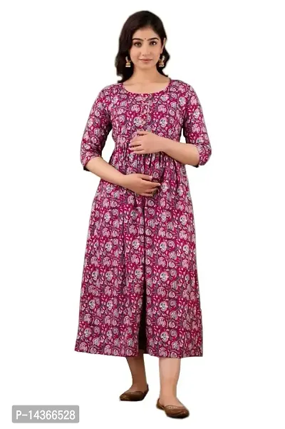 Anuom Women's Printed Cotton Maternity Designer Kurti Feeding Gown(lite Marron New) (XL)-thumb0