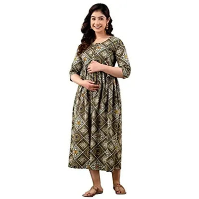 Anuom Women's Cotton Maternity Dress Pregnancy Casual Long Sleeve Dual Zipped for Feeding Nursing Maternity Comfort Dress Kurti