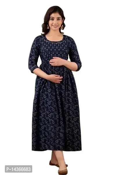 Anuom Women's Printed Cotton Maternity Designer Kurti Feeding Gown(Blue Gold yok gota)-thumb0