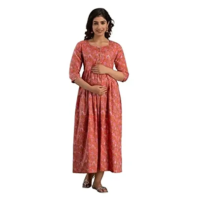 Anuom Women's Printed Cotton Maternity Designer Kurti Gown (Medium, Peach)
