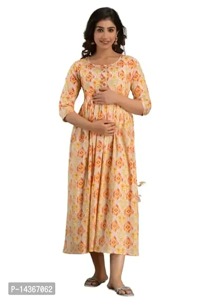 Anuom Women's Printed Cotton Maternity Designer Kurti Gown (XX-Large, Yellow)-thumb0