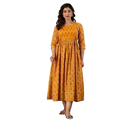 Anuom Women's Printed Cotton Maternity Designer Kurti Gown for Women (X-Large, Mustard)