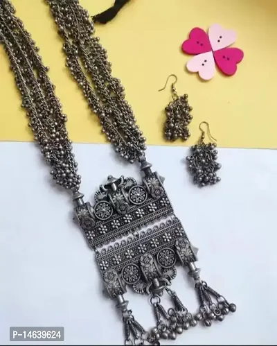 Benivogue Heavy Multi Layered Necklace set with matching earrings | Casual and party wear oxidised jewelry set-thumb0