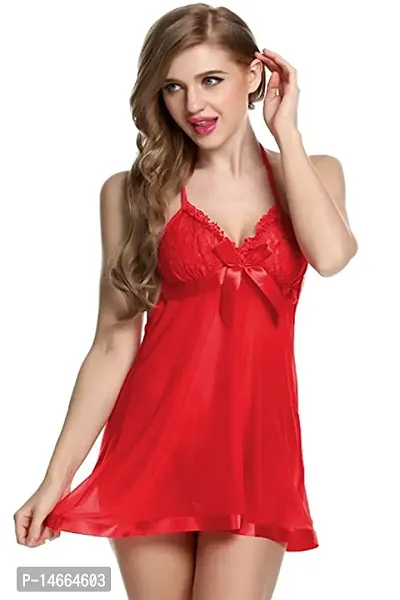Benivogue Fashion Sexy Women's Satin Baby Doll Nighty Sleepwear with Panty | Small Size | Red |-thumb4