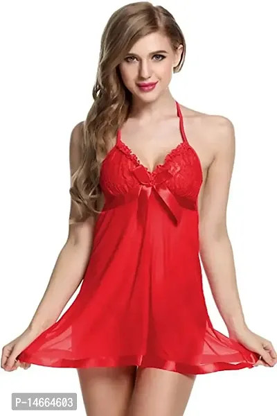 Benivogue Fashion Sexy Women's Satin Baby Doll Nighty Sleepwear with Panty | Small Size | Red |-thumb0