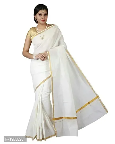 Stylish White Solid Kerala Kasavu Cotton Saree With Blouse Piece