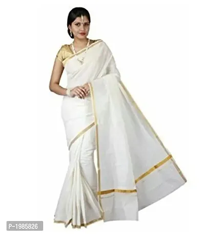 White Solid Kerala Kasavu Cotton Saree With Blouse Piece-thumb0