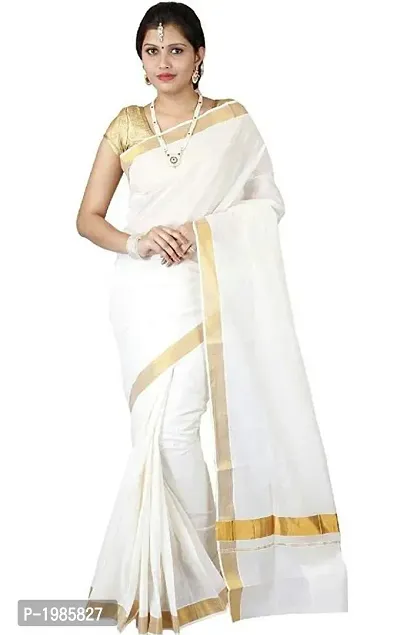 White Solid Kerala Kasavu Cotton Saree With Blouse Piece-thumb0