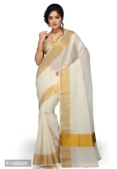 Stylish White Solid Kerala Kasavu Cotton Saree With Blouse Piece-thumb0