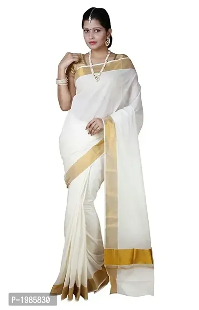 White Solid Kerala Kasavu Cotton Saree With Blouse Piece