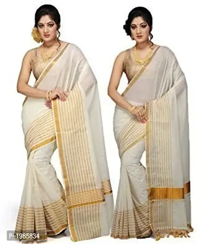 Combo Of 2 Kerala kasavu Cotton Saree With Blouse Piece-thumb0