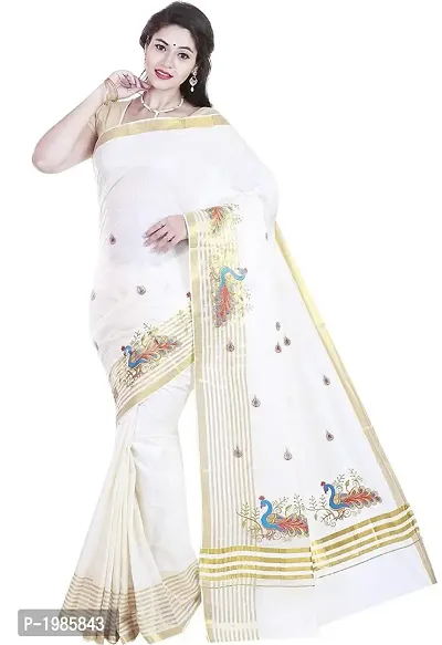 White Kerala Kasavu Cotton Saree With Blouse Piece