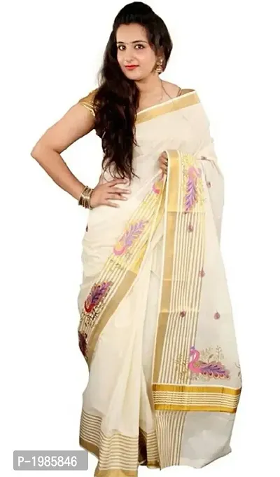 White Kerala Kasavu Cotton Saree With Blouse Piece-thumb0