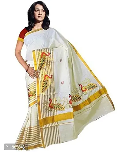 White Kerala Kasavu Cotton Saree With Blouse Piece-thumb0