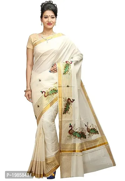 Off White Kerala Kasavu Cotton Saree With Blouse Piece-thumb0