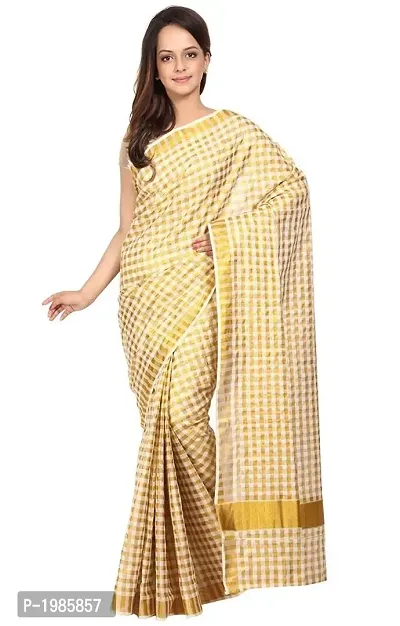 White & Golden Kerala Kasavu Cotton Saree With Blouse Piece-thumb0