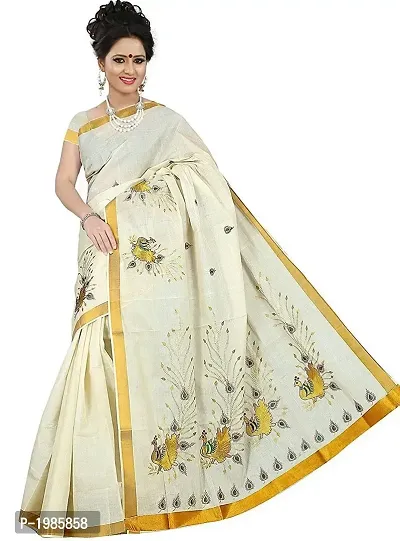 White Kerala Kasavu Cotton Saree Without Blouse Piece-thumb0