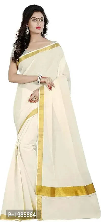 Stylish White Kerala Kasavu Cotton Saree With Blouse Piece
