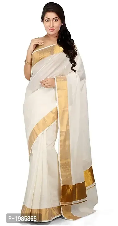 Stylish White Kerala Kasavu Cotton Saree With Blouse Piece-thumb0