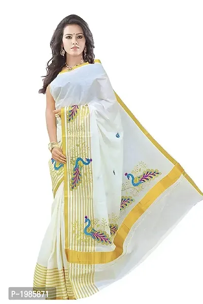 White Kerala Kasavu Cotton Saree With Blouse Piece-thumb0