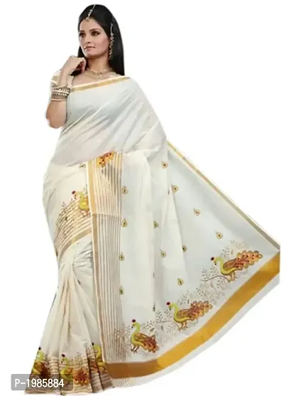 White Kerala Kasavu Cotton Saree With Blouse Piece-thumb0