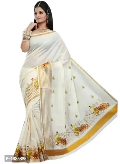 Off White Kerala Kasavu Cotton Saree With Blouse Piece-thumb0