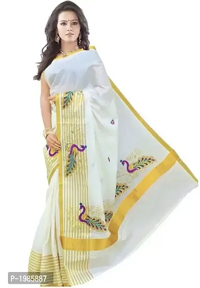 White Kerala Kasavu Cotton Saree With Blouse Piece-thumb0