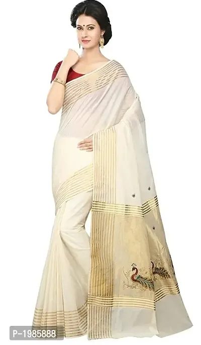 White Kerala Kasavu Cotton Saree With Blouse Piece-thumb0