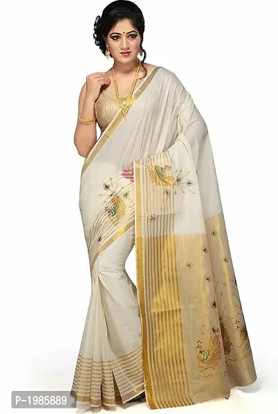 Trendy White Kerala Kasavu Cotton Saree With Blouse Piece-thumb0