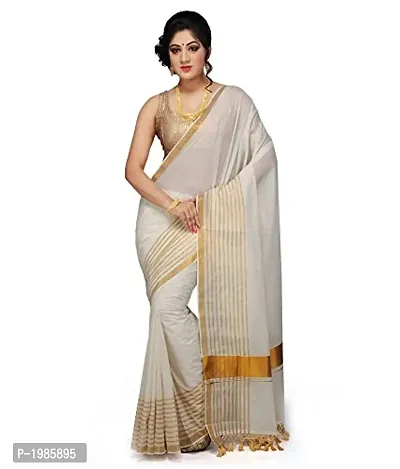 White Kerala Kasavu Cotton Saree With Blouse Piece-thumb0