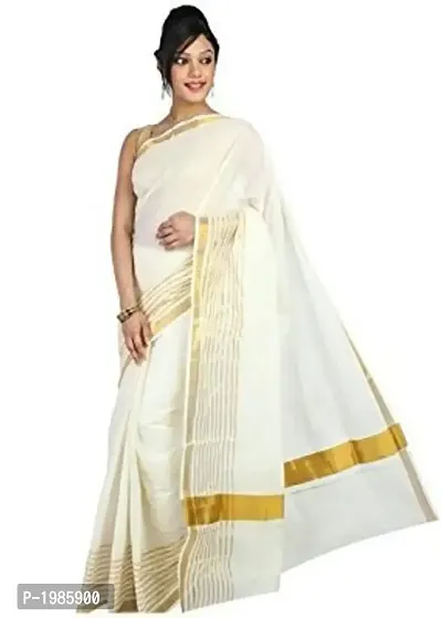 White Kerala Kasavu Cotton Saree With Blouse Piece-thumb0