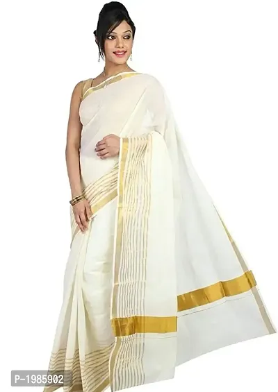 White Kerala Kasavu Cotton Saree With Blouse Piece-thumb0