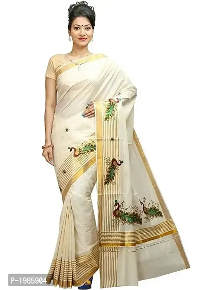 White Kerala Kasavu Cotton Saree With Blouse Piece-thumb0