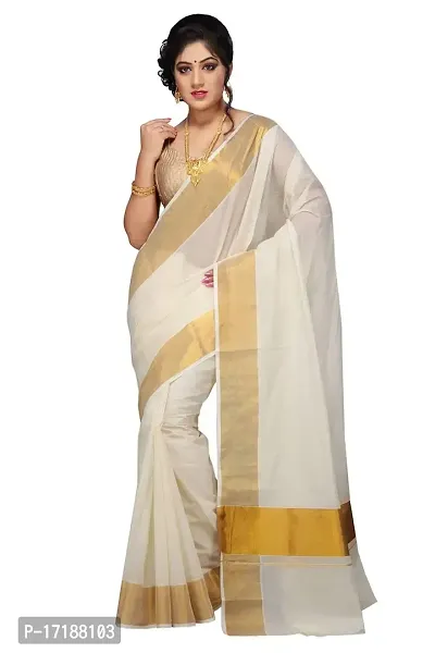 Rsv fabrics Women's Kasavu Cotton Saree With Running Blouse (RS-6_White)