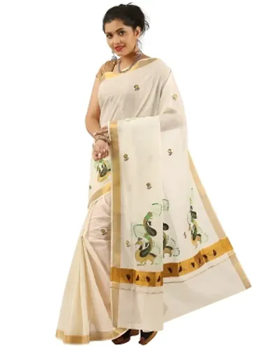 R SELVAMANI TEX Women's Kasavu Saree with Running Blouse Piece (RST-new-5_Beige)