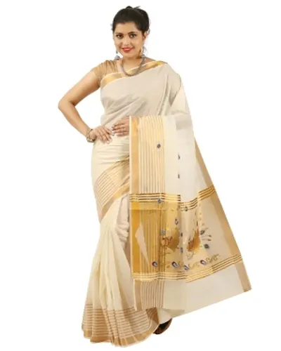 R SELVAMANI TEX Women's Kasavu Saree With Blouse (Tissue-01_Beige, White)