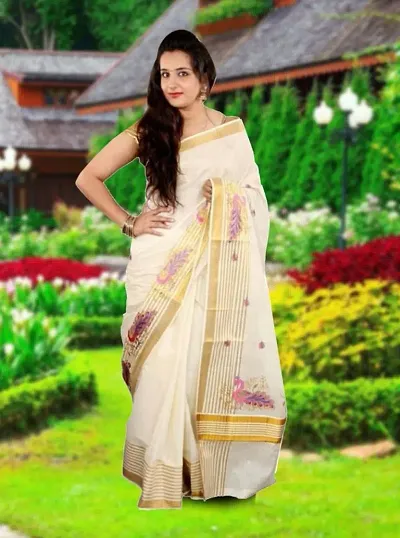 R SELVAMANI TEX Women's Kasavu Saree with Running Blouse (RST-PINKY_White)