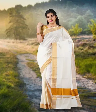 R SELVAMANI TEX Women's Kasavu Saree With Blouse Piece (RST8_Beige, White)