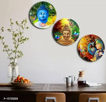 Beautiful Buddha print Wooden Vintage India Wall Plates- Set of 3 |Home Decor | Painting | Divine | Intricate Designs-thumb0