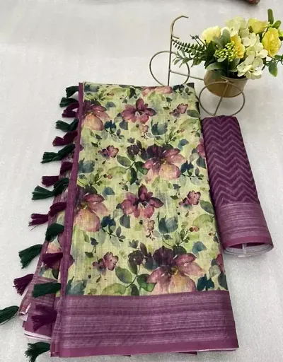 New Trendy Linen Printed Zari Border Sarees with Blouse piece