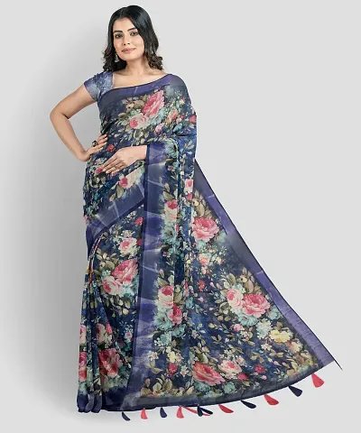 Elegant Linen Blend Bollywood Floral Saree with Blouse Piece