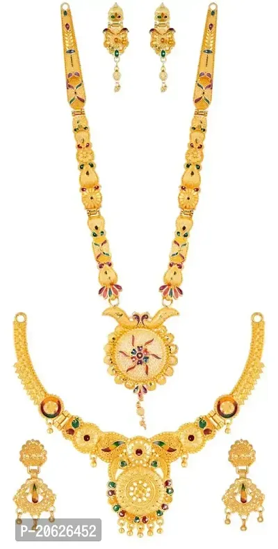 TAGADO Fashion Latest Long Design Necklace Set For Women Traditional One Gram Gold Plated Jewellery Set for Women (Golden)