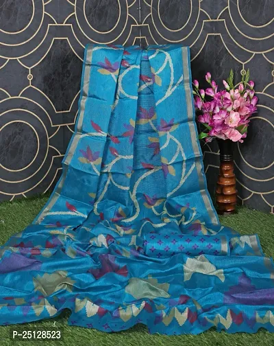 Stylish Blue Cotton Blend Printed Saree with Blouse Piece