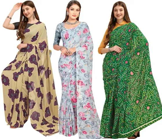 Georgette Floral Printed Multicolor Sarees With Blouse Piece Combo Of 3
