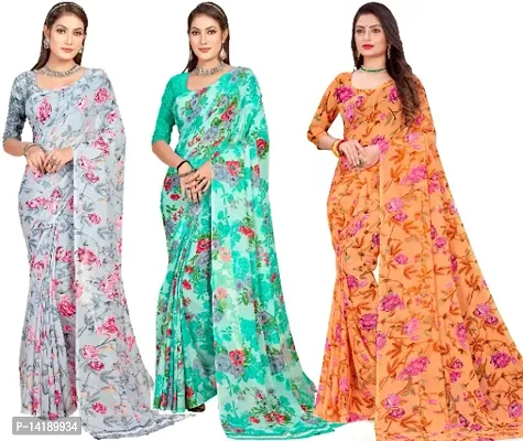 Georgette Floral Printed Multicolor Womens Saree With Blouse Piece Combo Of 3-thumb0