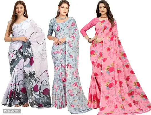 Georgette Floral Printed Multicolor Womens Saree With Blouse Piece Combo Of 3-thumb0